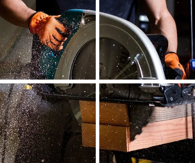 A person using a circular saw to cut wood.