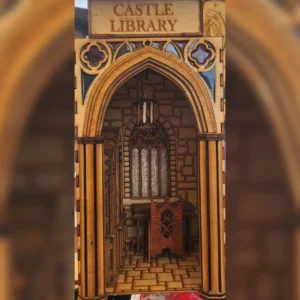 A castle library with a wooden arch and a small organ.